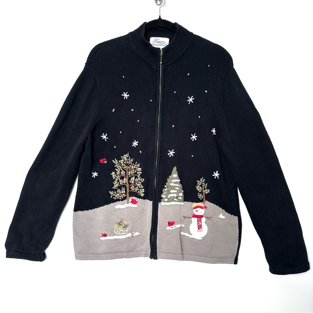 Kitschy Cottagecore Winter Snowman Sweater Embroidered Beaded Grannycore Boho